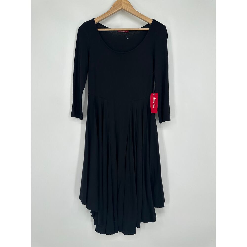 Barbara Lesser Midi Dress 3/4 Sleeve Scoop Neck 90's Style Black NWT